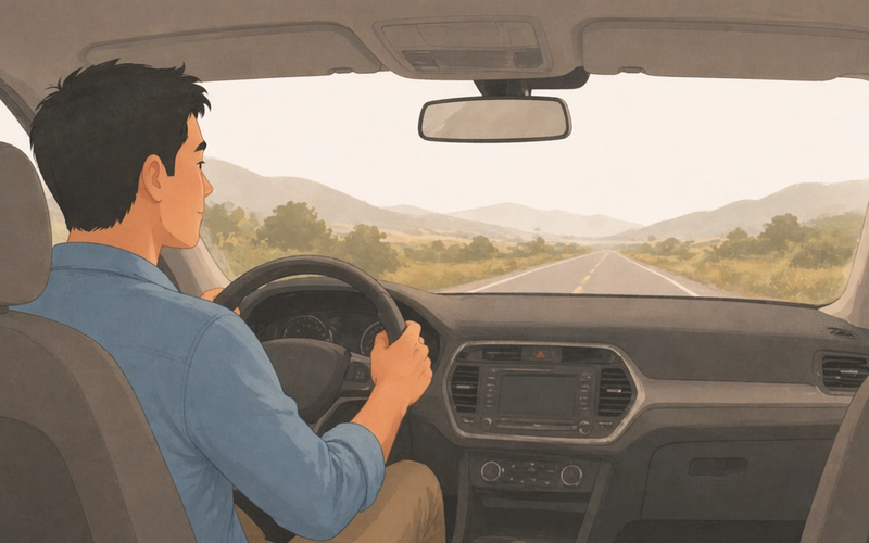 Person at the wheel of a car looking calmly down the open road ahead