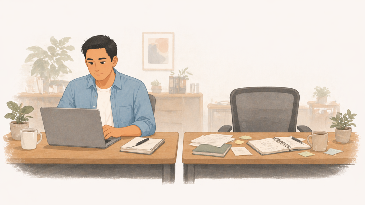 One person's workspace is active and in use while the adjacent workspace sits empty or abandoned.