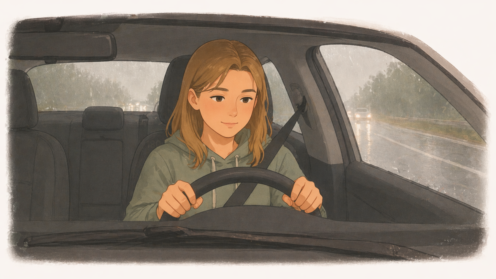 Teen driver focused behind the wheel in rainy conditions, windshield wipers on, hands on the wheel