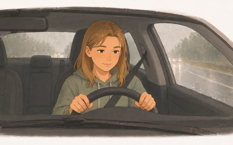 Teen driver focused behind the wheel in rainy conditions, windshield wipers on, hands on the wheel