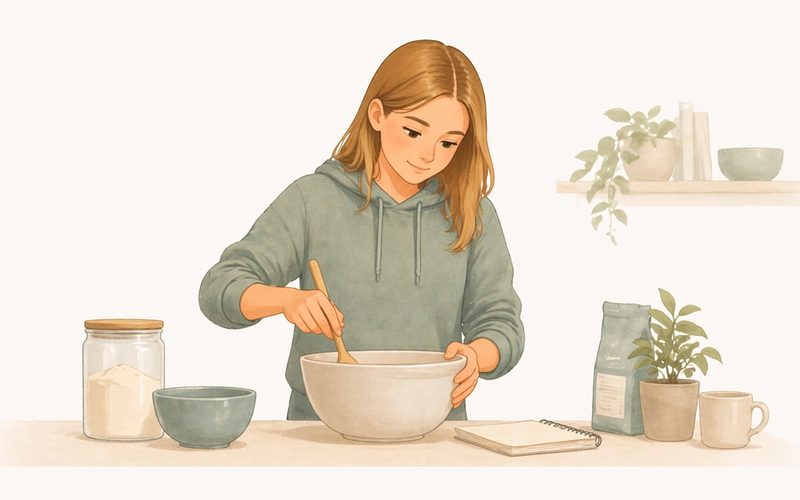 Teen confidently handling a practical task at home, calm and capable