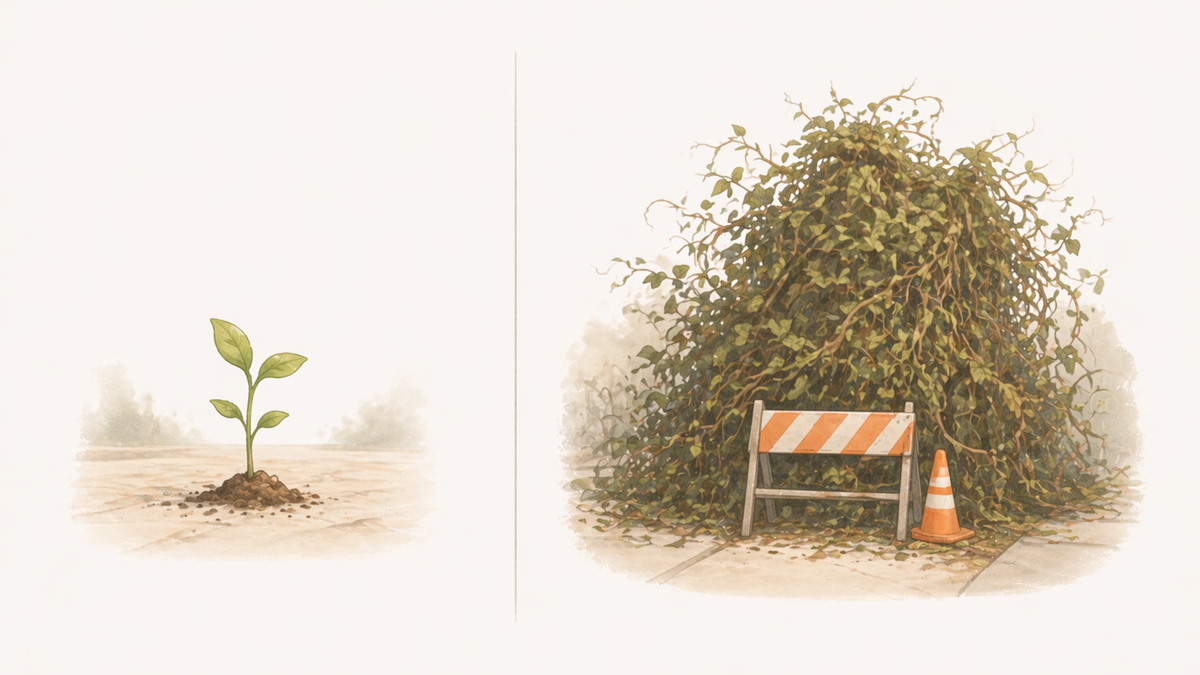 Small manageable problem on the left, the same problem grown much larger and harder on the right.