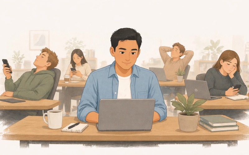 Person working steadily at a desk while others around them are distracted or disengaged