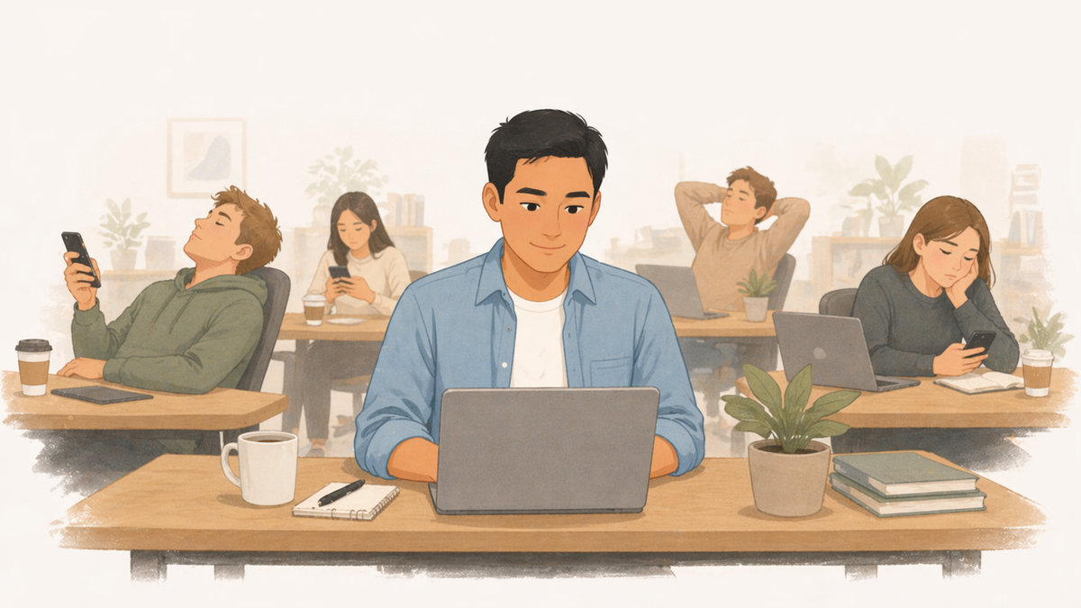 Person working steadily at a desk while others around them are distracted or disengaged