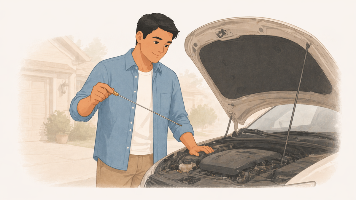 Person checking the oil dipstick in a car engine bay, focused and calm