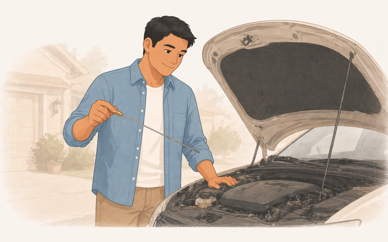 Person checking the oil dipstick in a car engine bay, focused and calm
