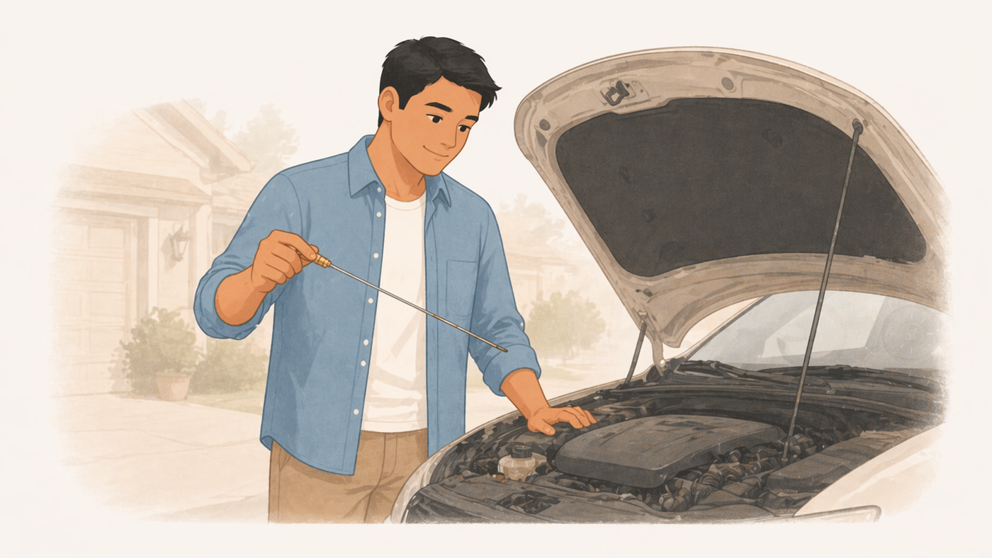 Person checking the oil dipstick in a car engine bay, focused and calm