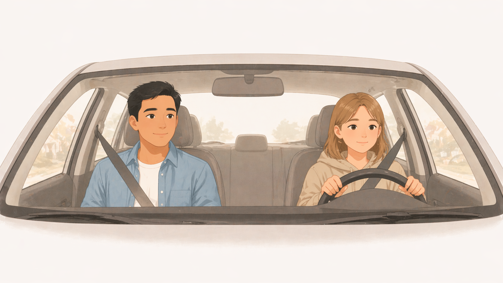 Dad and teenage daughter side by side in a parked car, both looking forward, a quiet moment between lessons