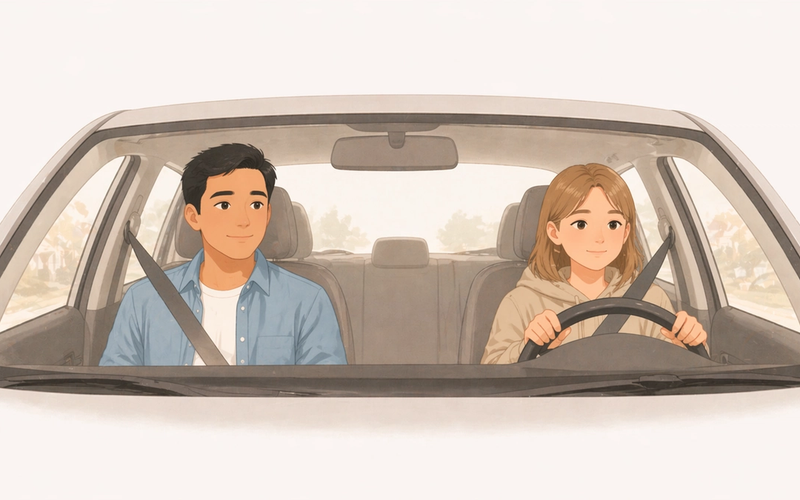 Dad and teenage daughter side by side in a parked car, both looking forward, a quiet moment between lessons