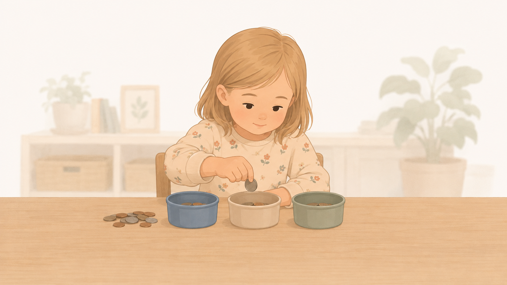 Young child dropping a coin into one of three small bowls, more coins on the table
