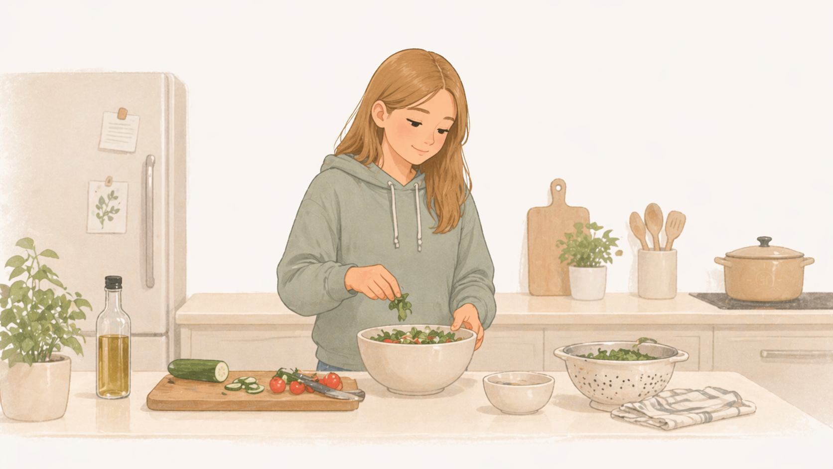 Teenage girl cooking a simple meal in a home kitchen, focused and capable
