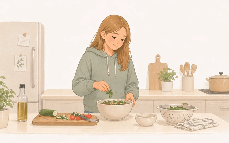 Teenage girl cooking a simple meal in a home kitchen, focused and capable