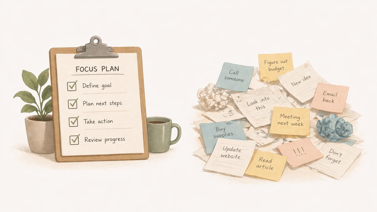 An organized checklist with completed items next to a pile of scattered, unfinished tasks.