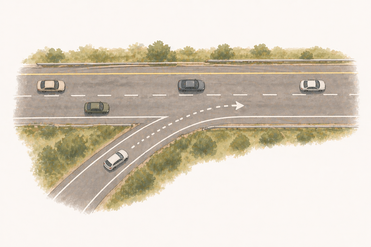 Top-down illustration of a highway on-ramp showing the merge path and a gap in traffic.