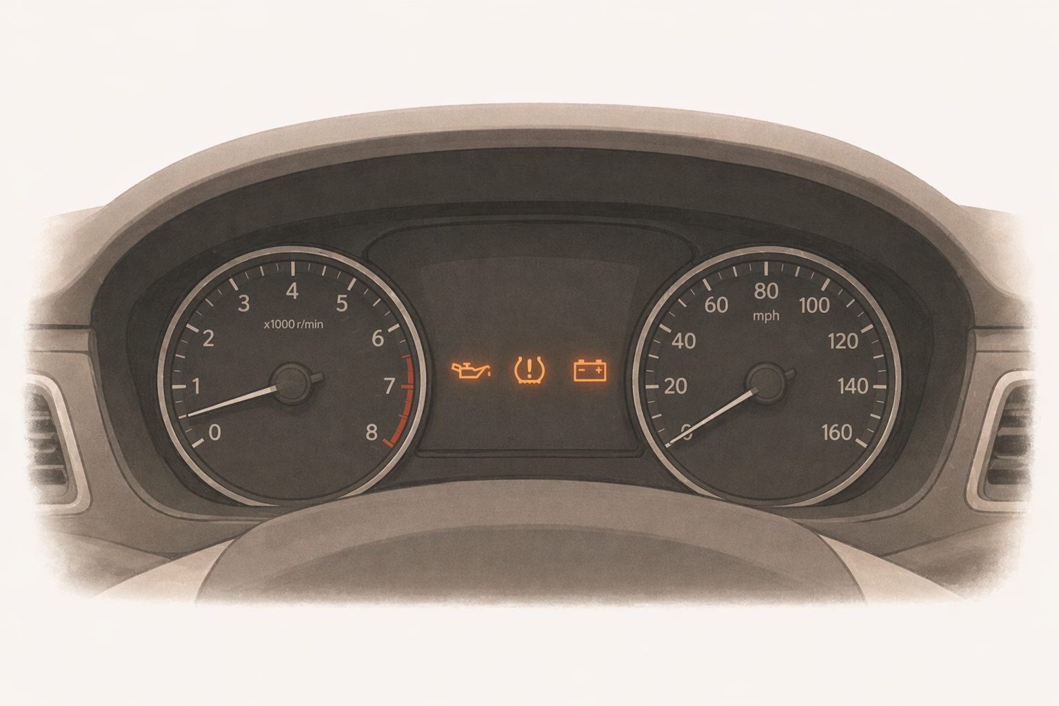 Car dashboard with several warning lights illuminated, including oil, tire pressure, and battery indicators.