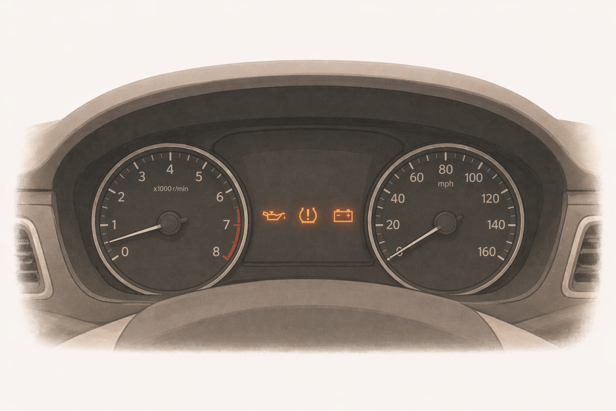 Car dashboard with several warning lights illuminated, including oil, tire pressure, and battery indicators.