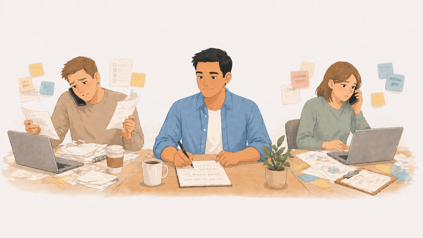 Person calmly focused on a single task while others around them are scattered and rushed