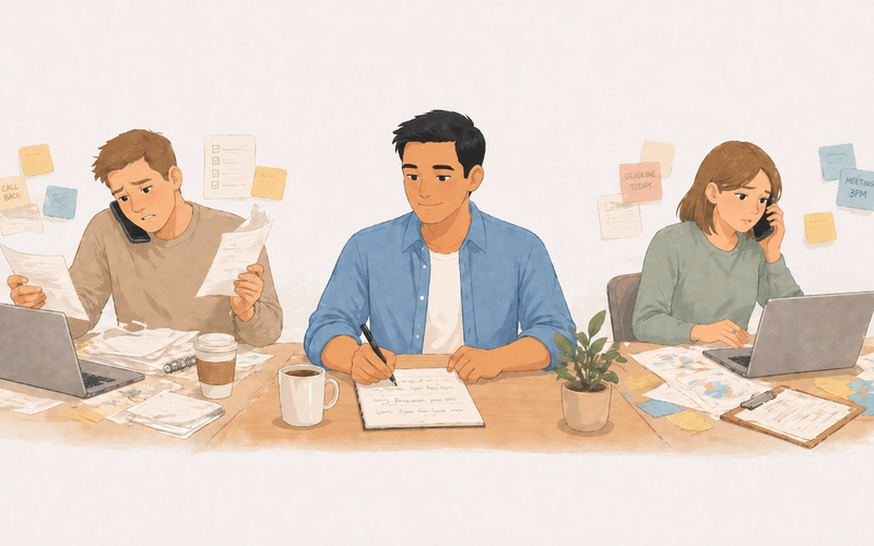 Person calmly focused on a single task while others around them are scattered and rushed