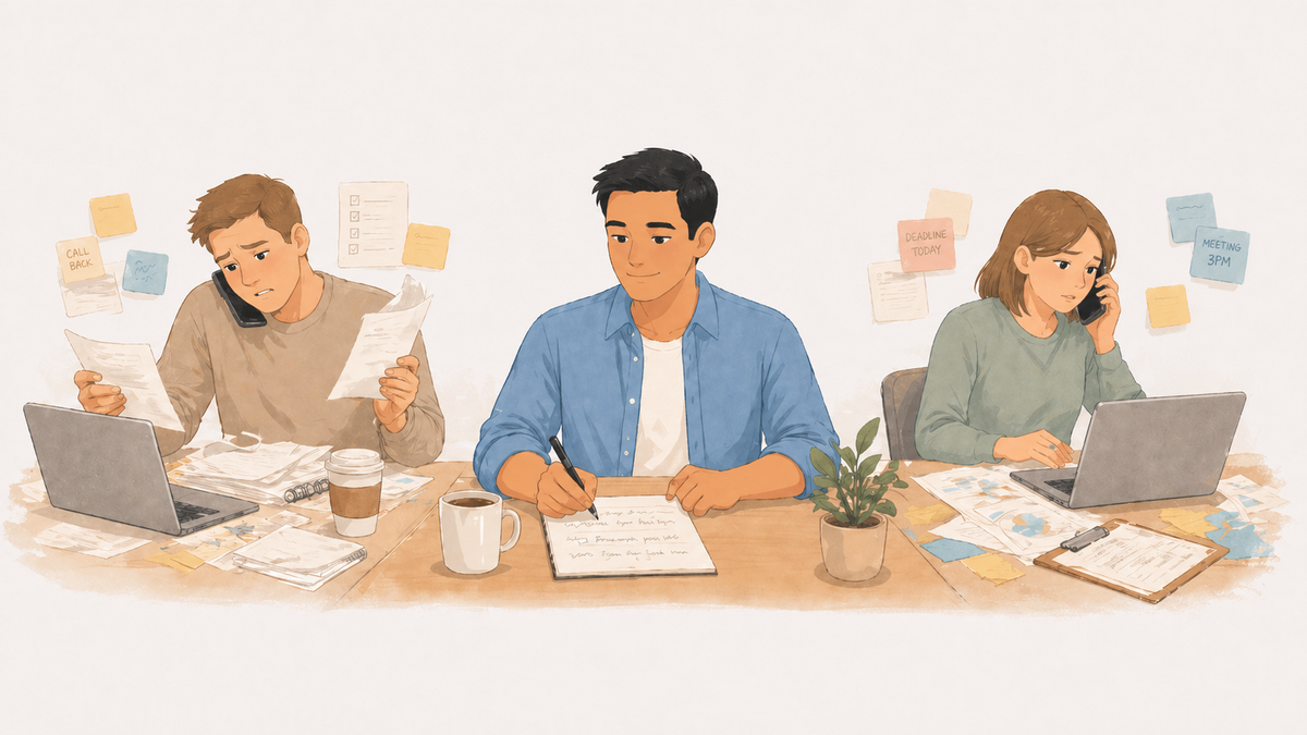 Person calmly focused on a single task while others around them are scattered and rushed
