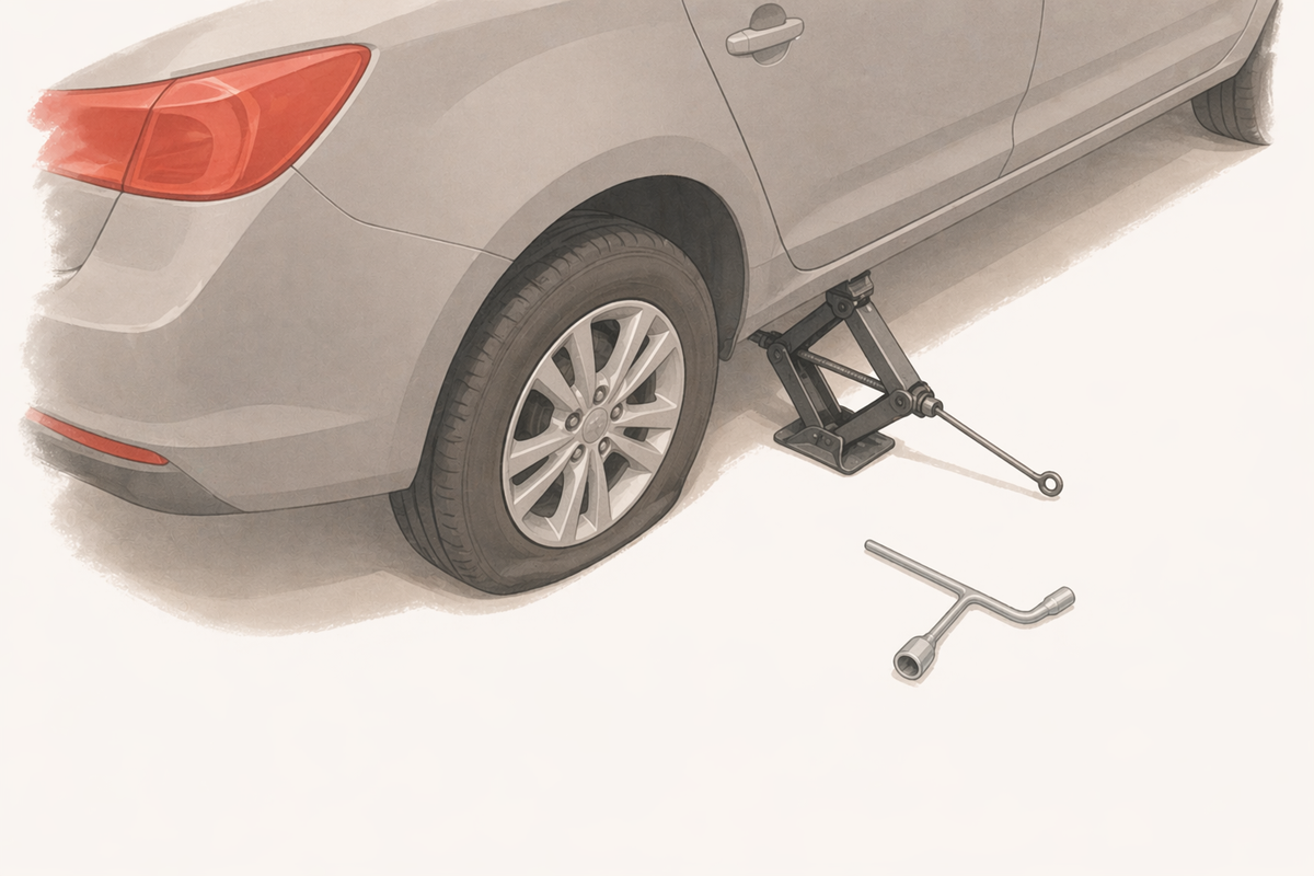 Top-down view of a flat tire with a car jack positioned correctly and a lug wrench beside it.