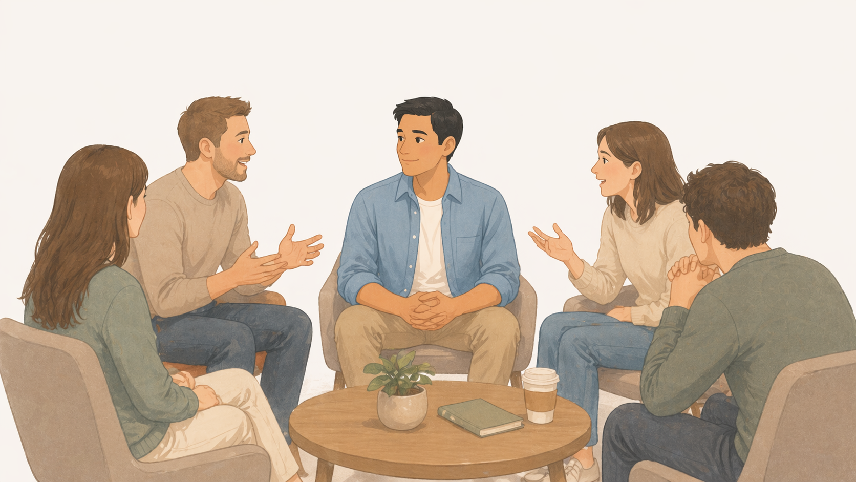 Person observing quietly in a group setting while others react and talk around them