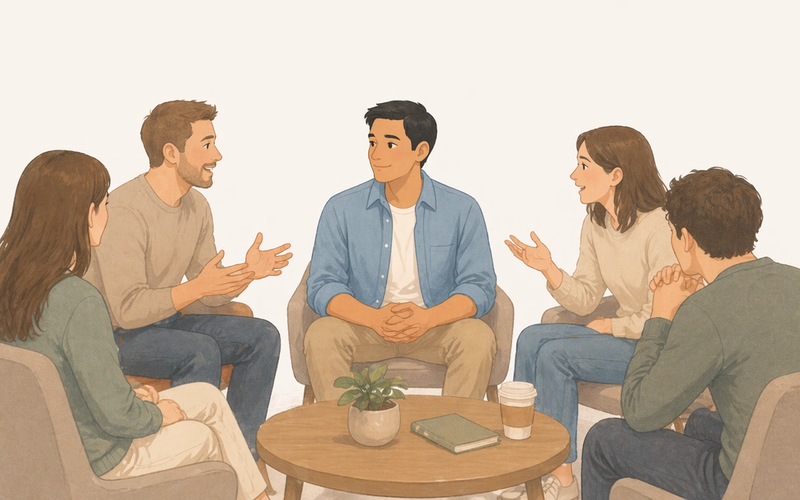 Person observing quietly in a group setting while others react and talk around them