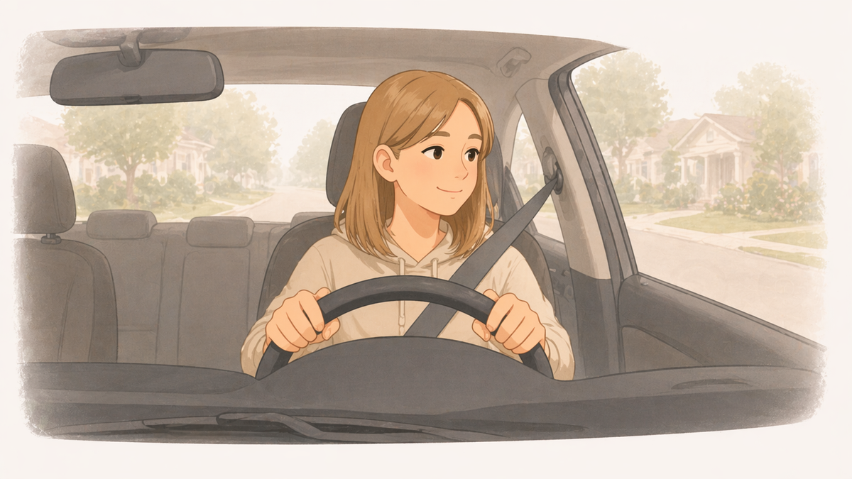 Teen driver alone in the car, focused and calm, looking ahead at a residential street.