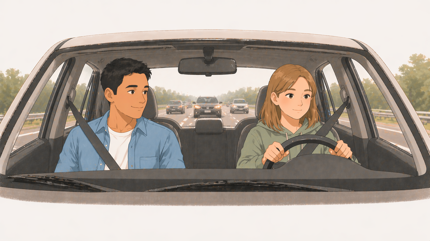 Teen driver on a highway on-ramp with parent calmly in the passenger seat