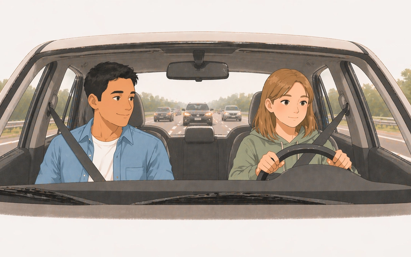 Teen driver on a highway on-ramp with parent calmly in the passenger seat