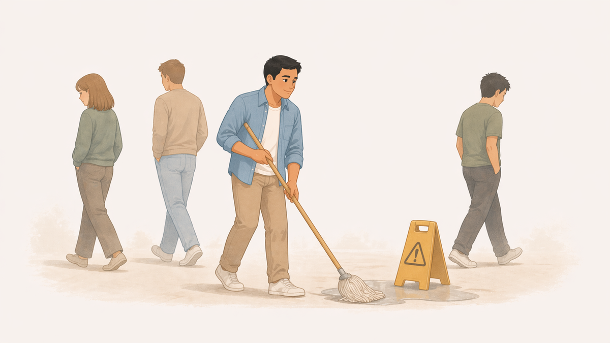 Person stepping forward to handle a situation while others around them step back or look away.
