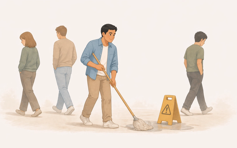 Person stepping forward to handle a situation while others around them step back or look away.