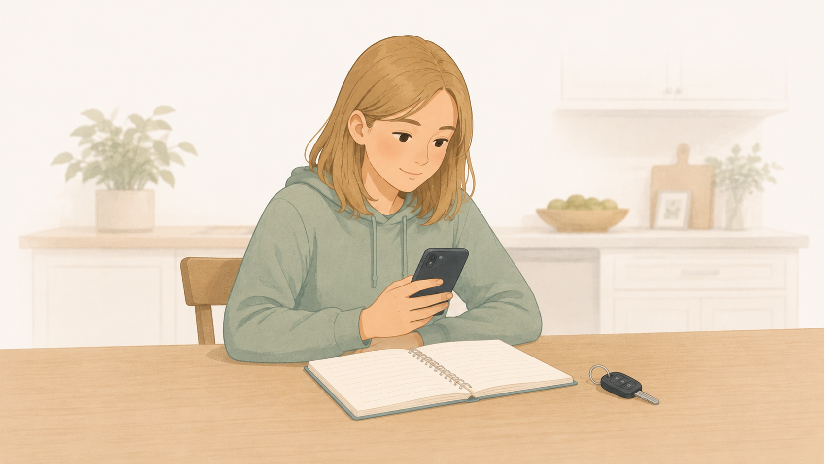 Teenager at a kitchen table looking at her phone beside an open notebook and car keys