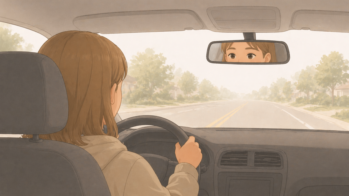 Teen driver's hands on the steering wheel, focused expression visible in the rearview mirror, road ahead through the windshield.