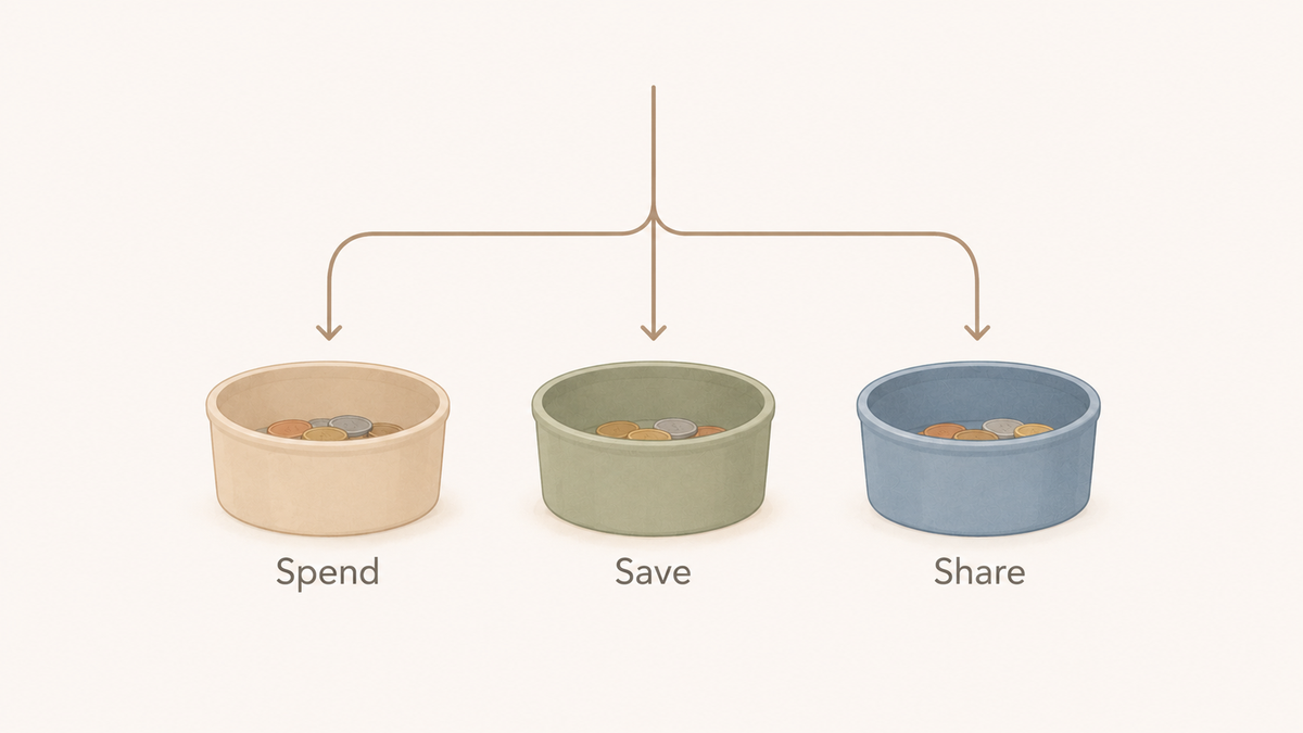 One stream of coins splitting into three bowls labeled Spend, Save and Share.