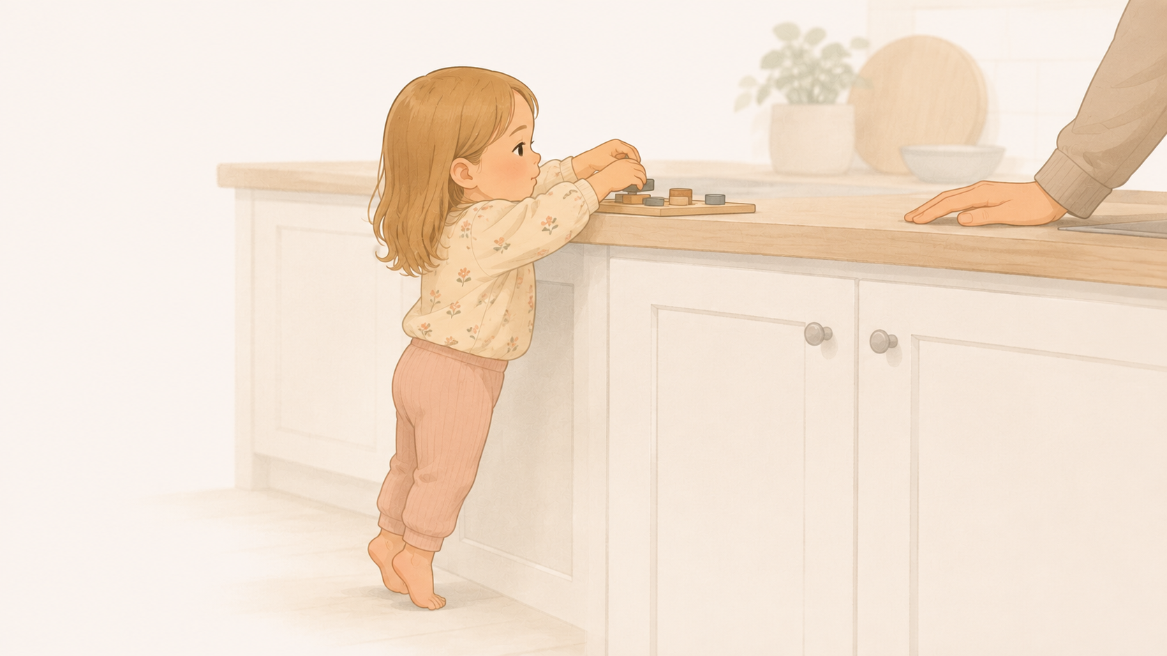 Toddler reaching up to the counter for a wooden toy while an adult's hand rests nearby