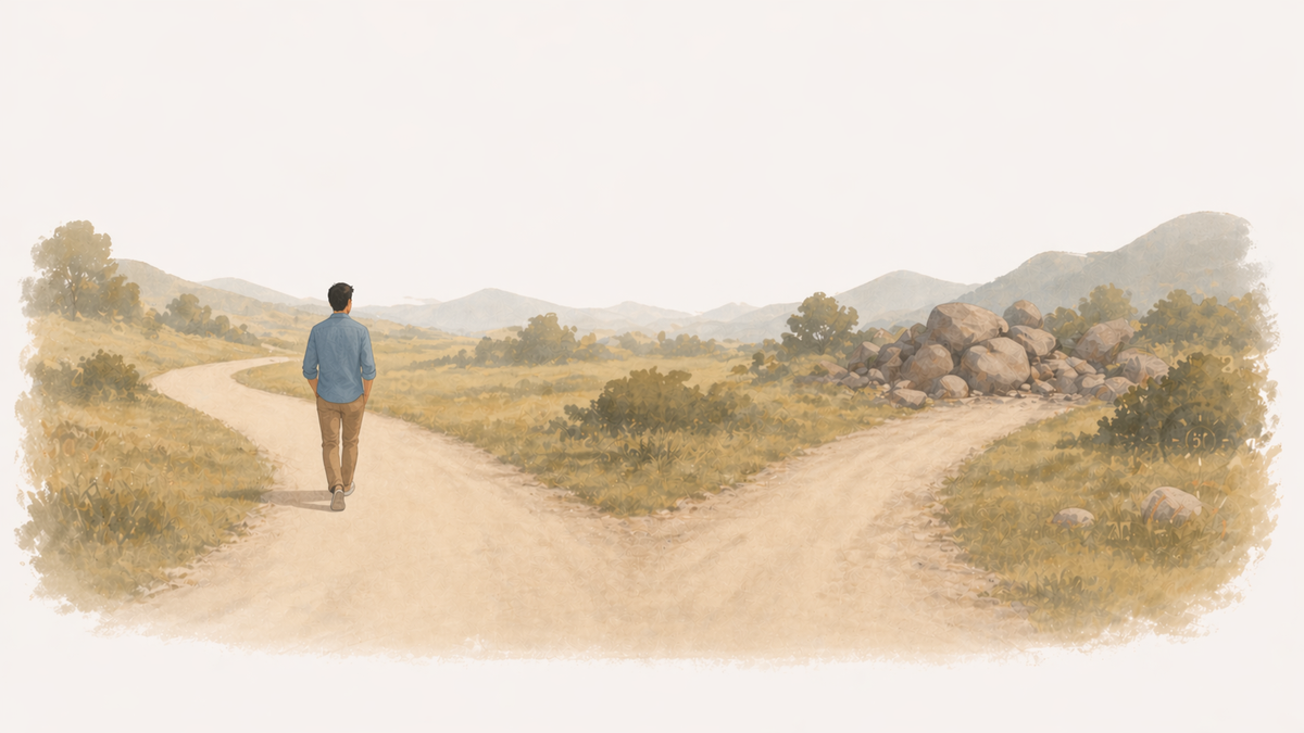 A figure choosing the clear path at a fork before reaching a visible obstacle ahead.