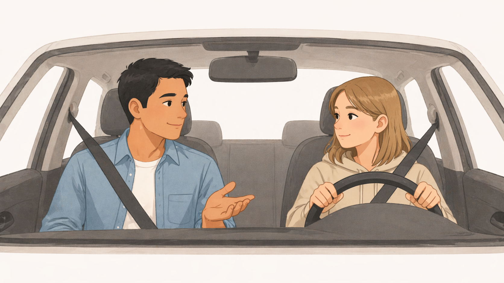 Parent teaching teenage daughter to drive while sitting together in a parked car before a driving lesson.