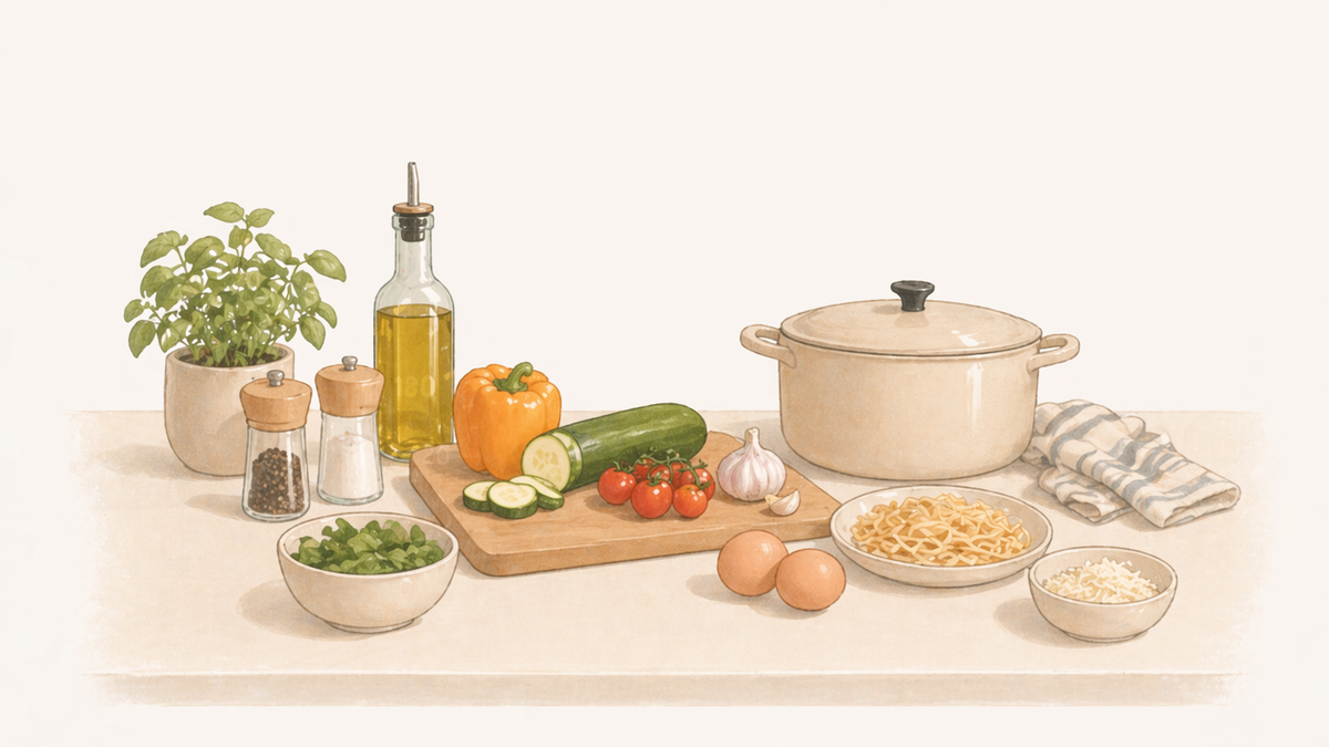 Basic cooking ingredients laid out simply on a counter — vegetables, eggs, a pot.