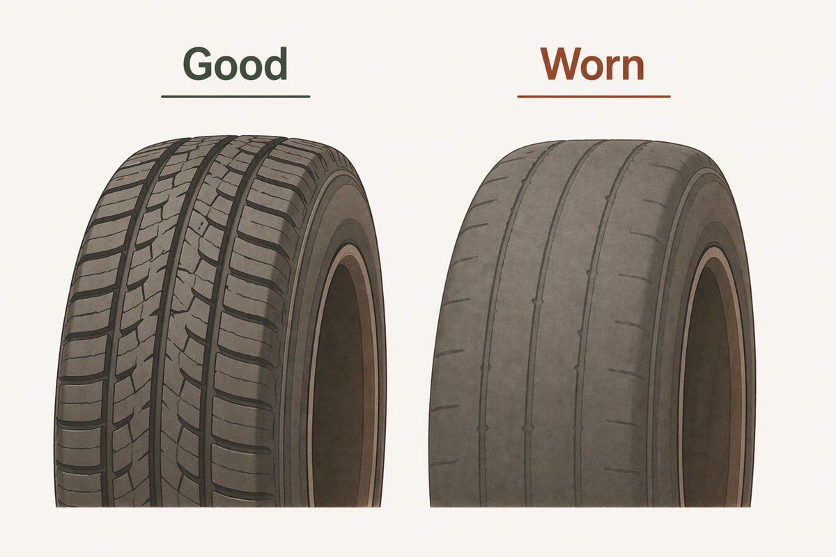 Side-by-side tire tread diagrams showing healthy versus worn tread depth, with a penny test illustration.