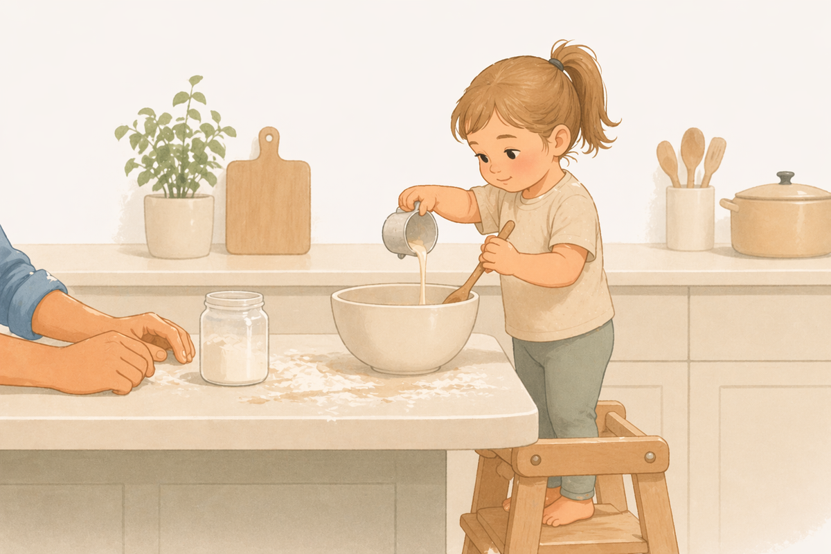 Toddler focused on stirring at the kitchen counter, small mess visible, parent's hands nearby but not taking over.
