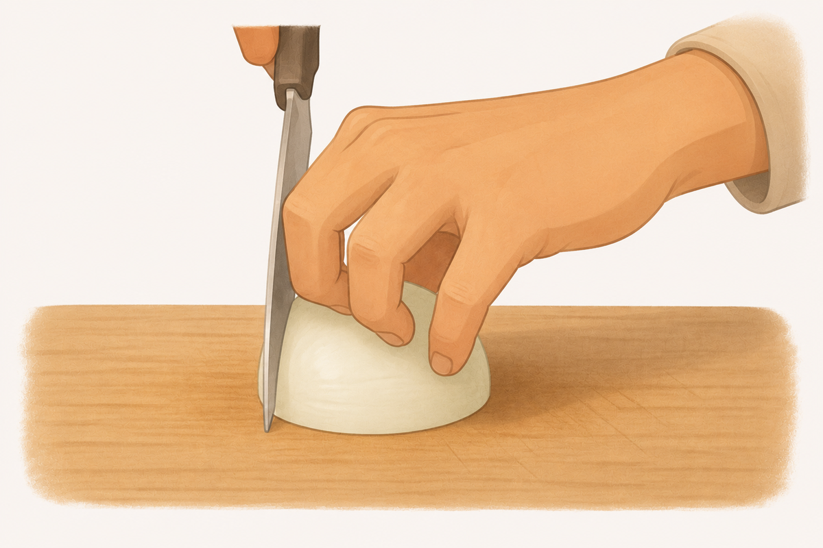 A hand holding food in a curled claw grip with the knife blade resting against the knuckles.