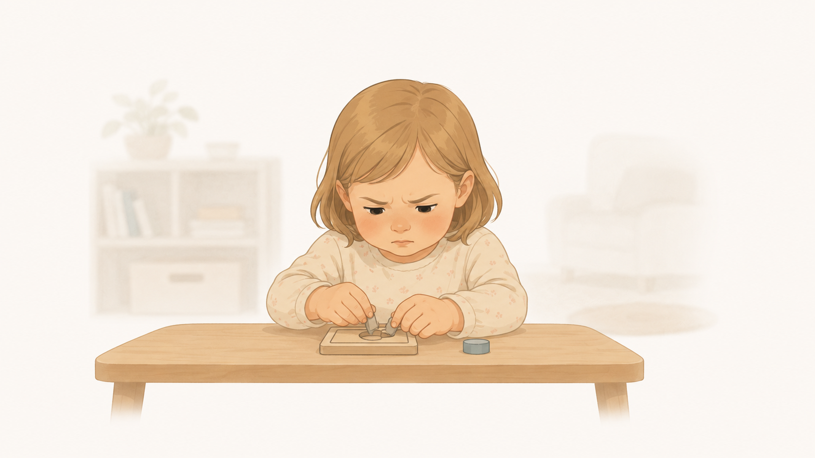 Young child frowning in concentration while working a small puzzle alone at a table