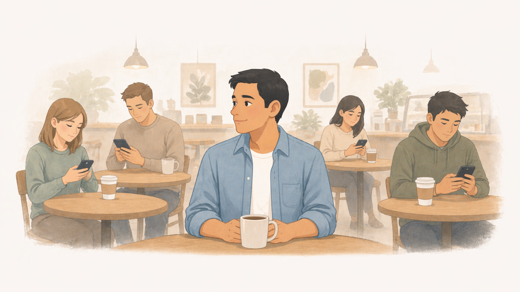 Person quietly observing surroundings in a public place while others are distracted
