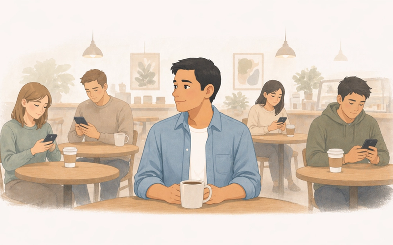 Person quietly observing surroundings in a public place while others are distracted