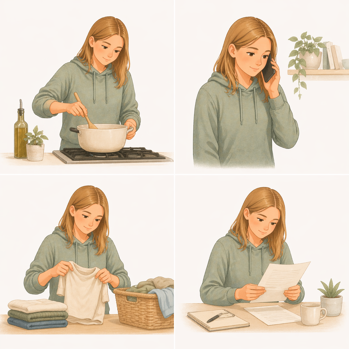 Four small panels showing a teen handling basic adult tasks independently.