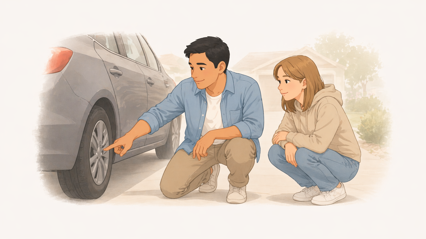 Dad kneeling beside a car with a flat tire, showing teenage daughter where the jack goes
