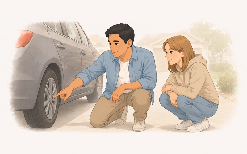Dad kneeling beside a car with a flat tire, showing teenage daughter where the jack goes