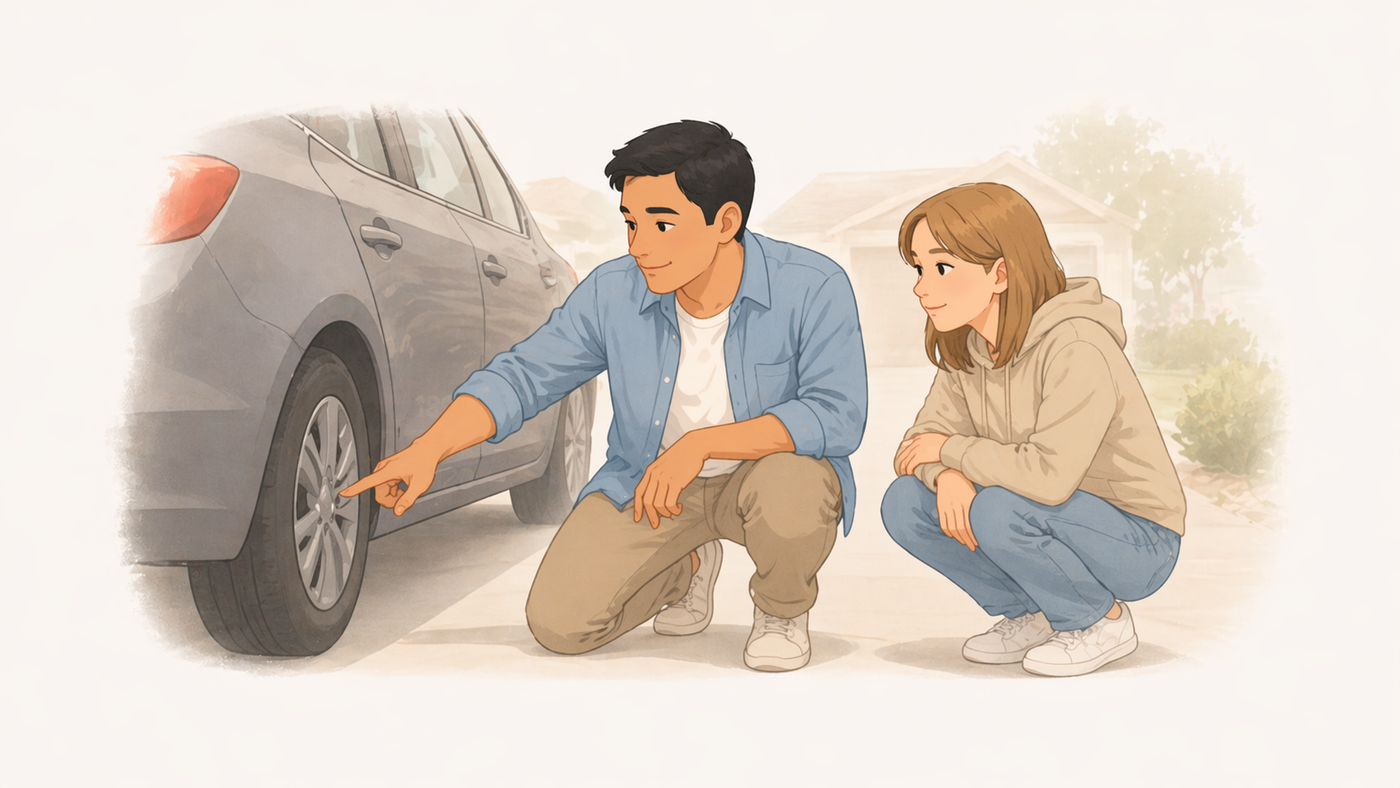 Dad kneeling beside a car with a flat tire, showing teenage daughter where the jack goes
