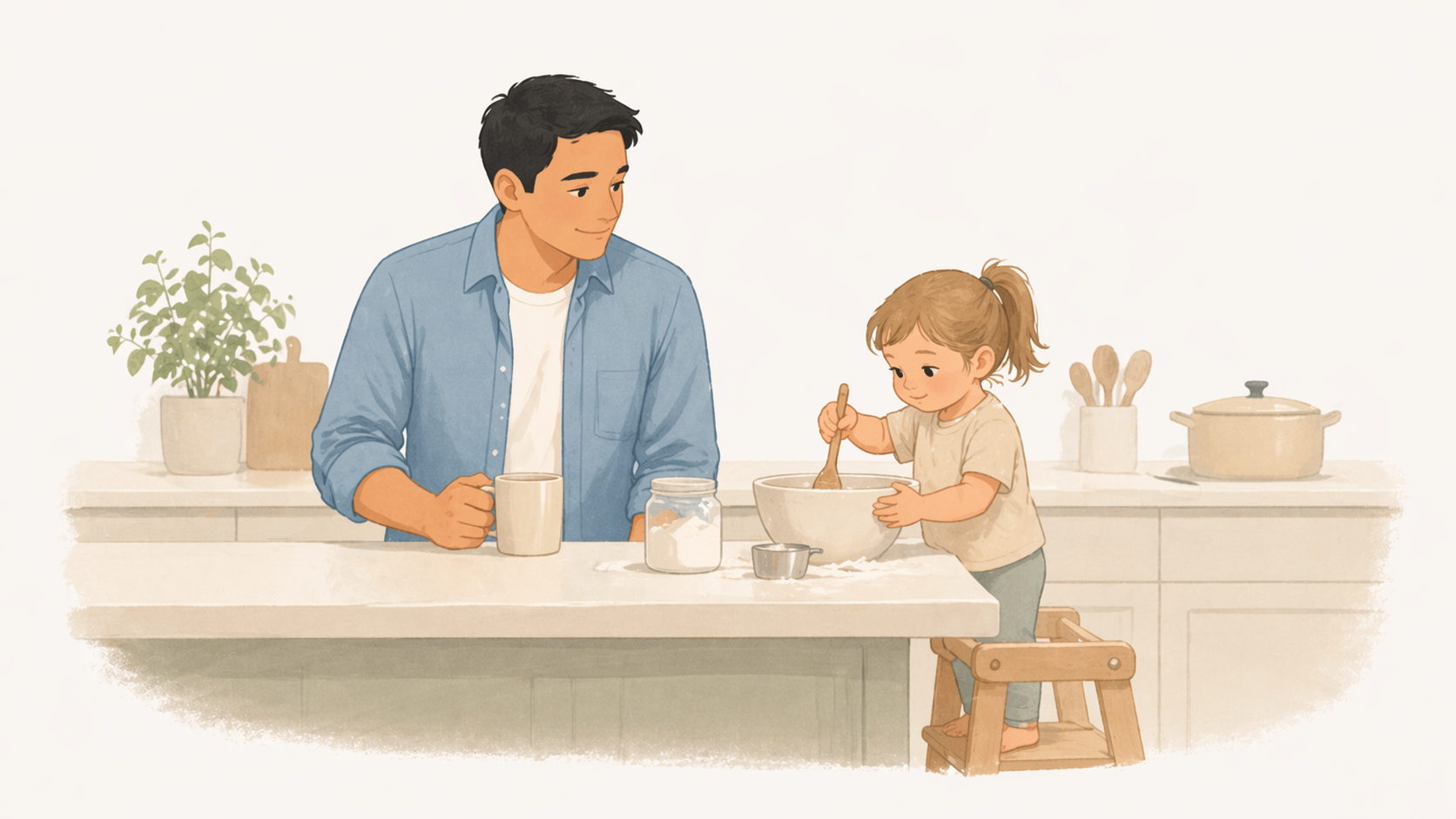 Dad and toddler cooking together in a kitchen, toddler on a step stool helping at the counter