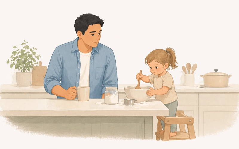 Dad and toddler cooking together in a kitchen, toddler on a step stool helping at the counter